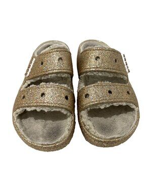 Crocs Gold Glitter Fuzzy Lined Slip On 2 Strap Sandal Slides Mens 9 Womens 11